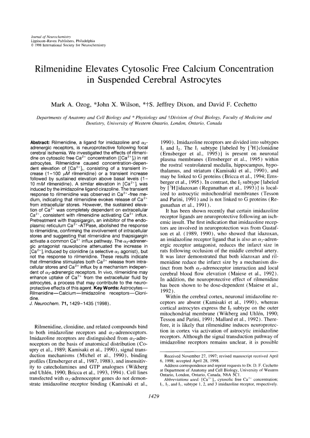 Rilmenidine Elevates Cytosolic Free Calcium Concentration in Suspended Cerebral Astrocytes