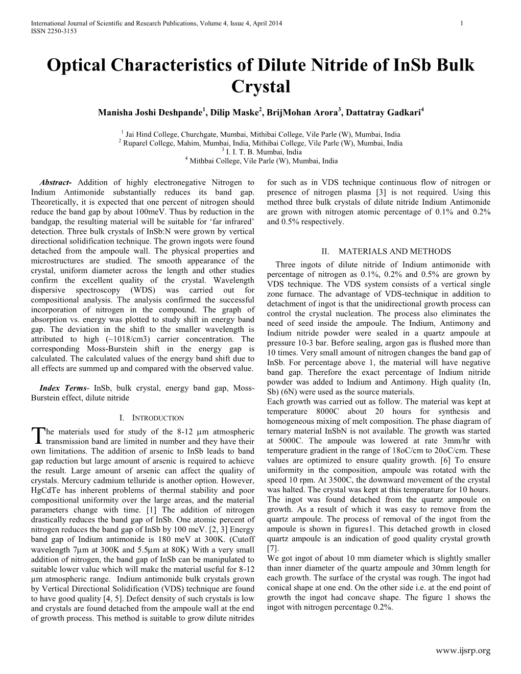 Optical Characteristics of Dilute Nitride of Insb Bulk Crystal