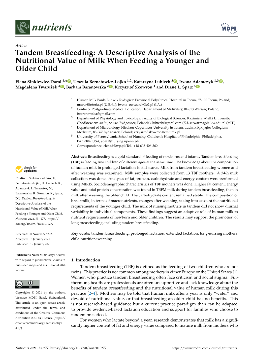 Tandem Breastfeeding: a Descriptive Analysis of the Nutritional Value of Milk When Feeding a Younger and Older Child