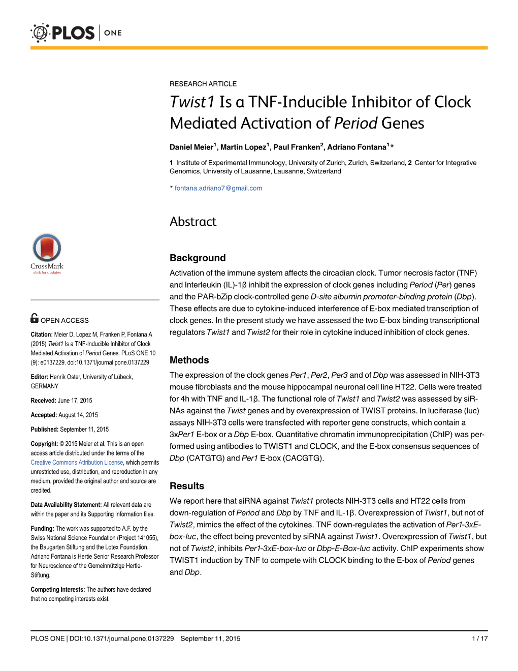 Twist1 Is a TNF-Inducible Inhibitor of Clock Mediated Activation of Period Genes