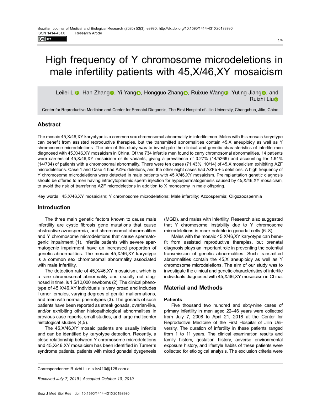 High Frequency of Y Chromosome Microdeletions in Male Infertility Patients with 45,X/46,XY Mosaicism