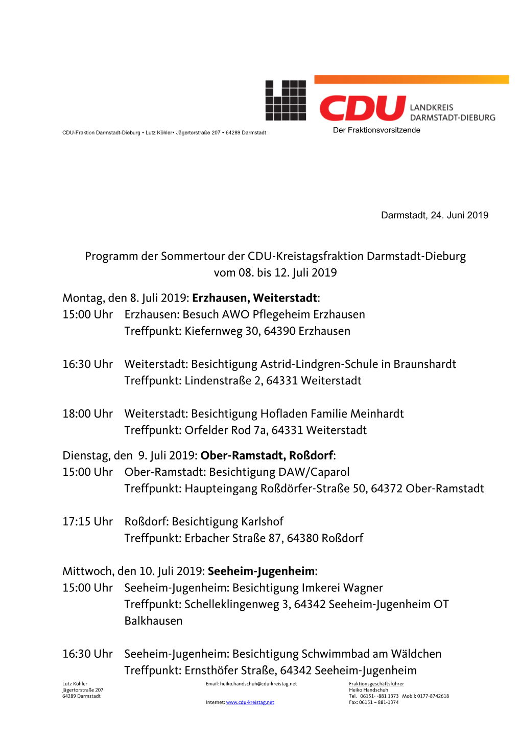 Programm Der Sommertour Der CDU-Kreistagsfraktion Darmstadt-Dieburg Vom 08