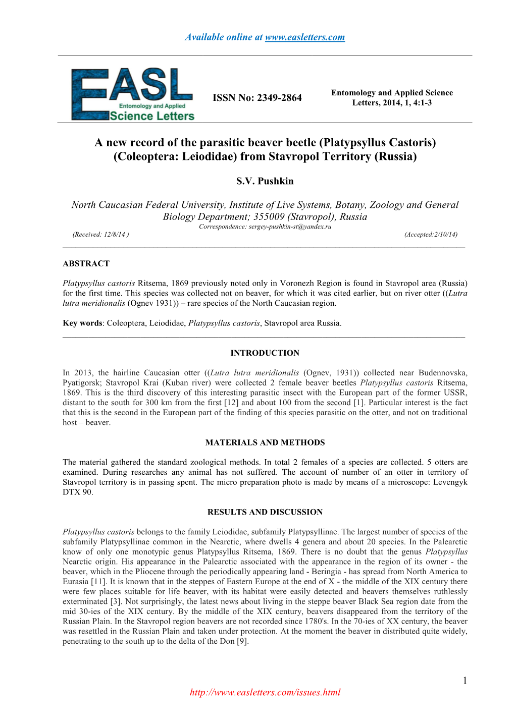 A New Record of the Parasitic Beaver Beetle (Platypsyllus Castoris) (Coleoptera: Leiodidae) from Stavropol Territory (Russia)