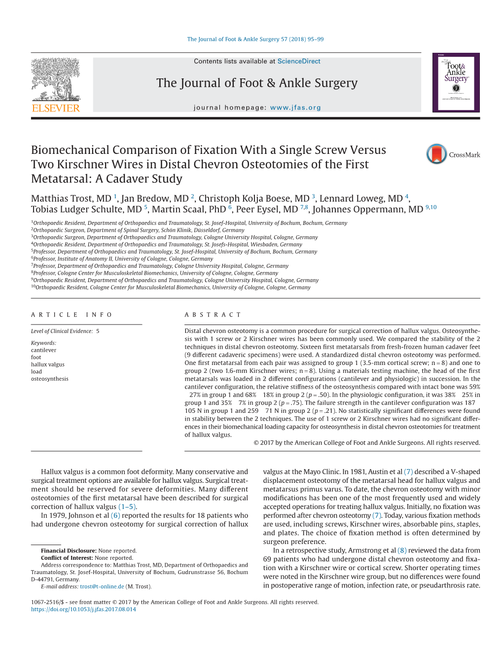 Biomechanical Comparison of Fixation with a Single Screw Versus Two Kirschner Wires in Distal Chevron Osteotomies of the First Metatarsal: a Cadaver Study