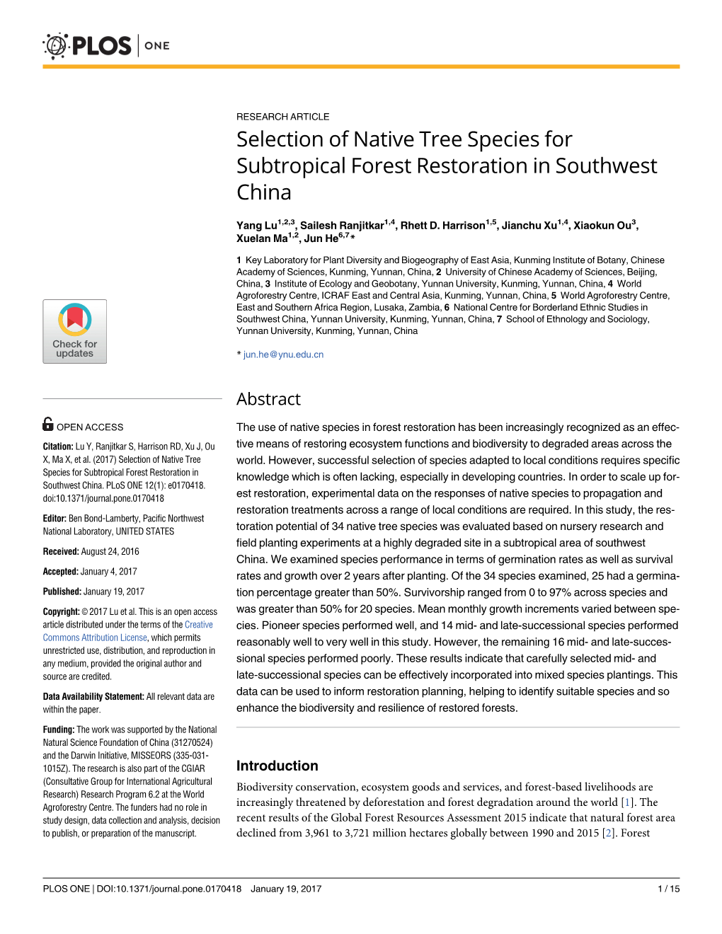 Selection of Native Tree Species for Subtropical Forest Restoration in Southwest China
