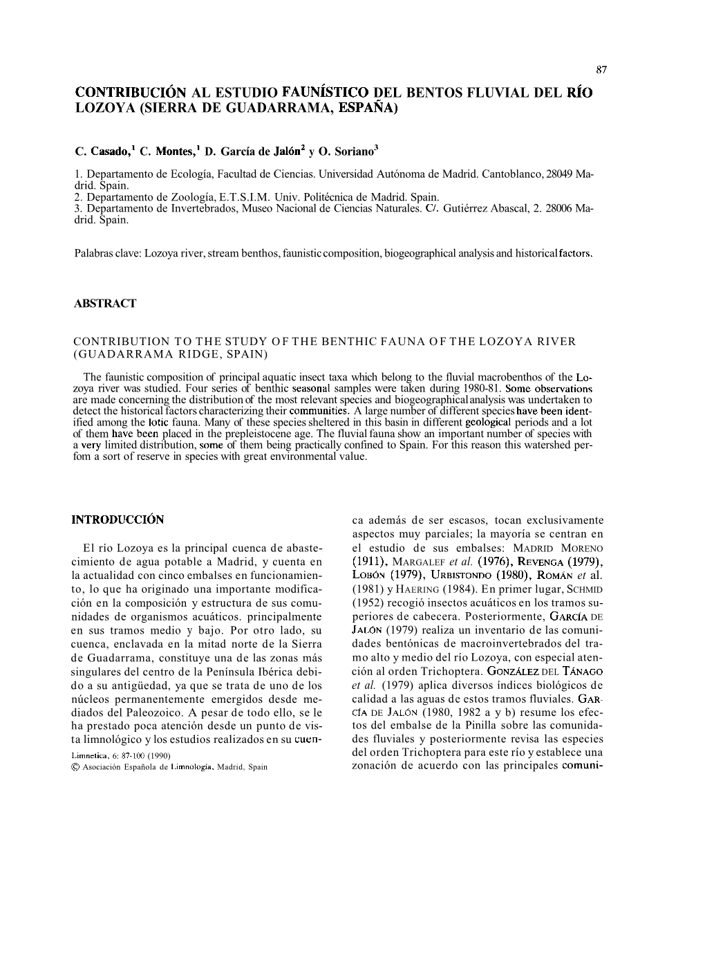 Contribución Al Estudio Faunístico Del Bentos Fluvial Del Río Lozoya