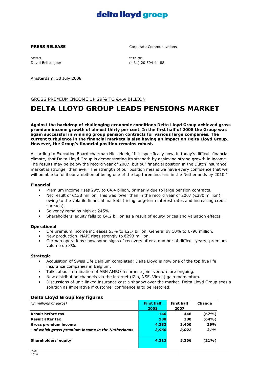 Delta Lloyd Groep H1 2008