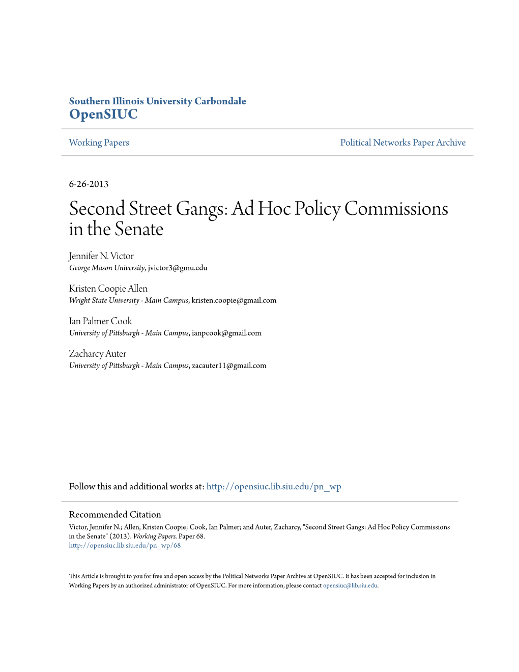 Second Street Gangs: Ad Hoc Policy Commissions in the Senate Jennifer N