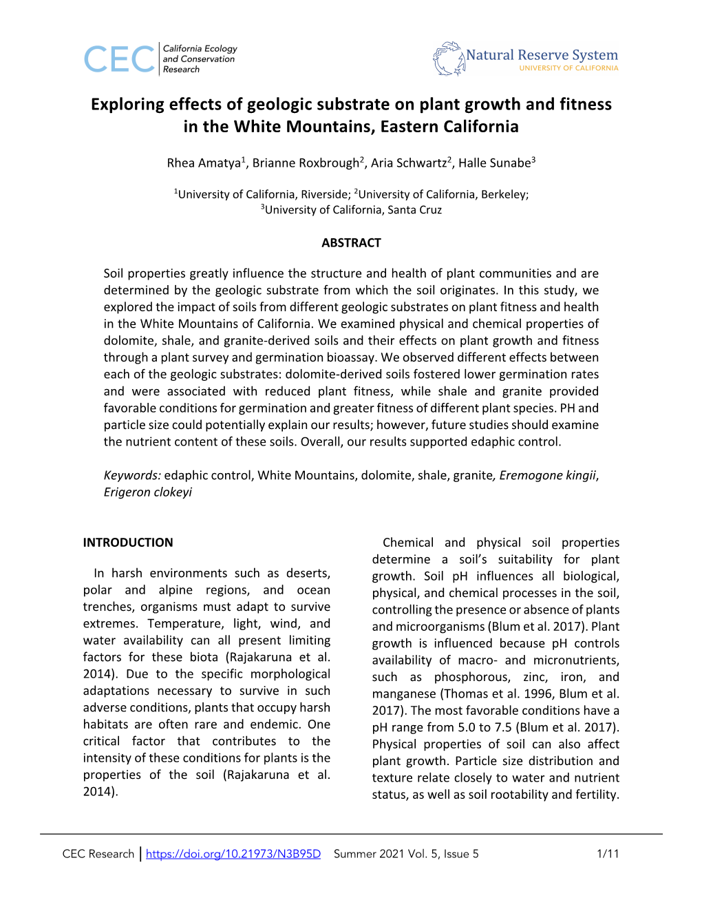 Exploring Effects of Geologic Substrate on Plant Growth and Fitness in the White Mountains, Eastern California