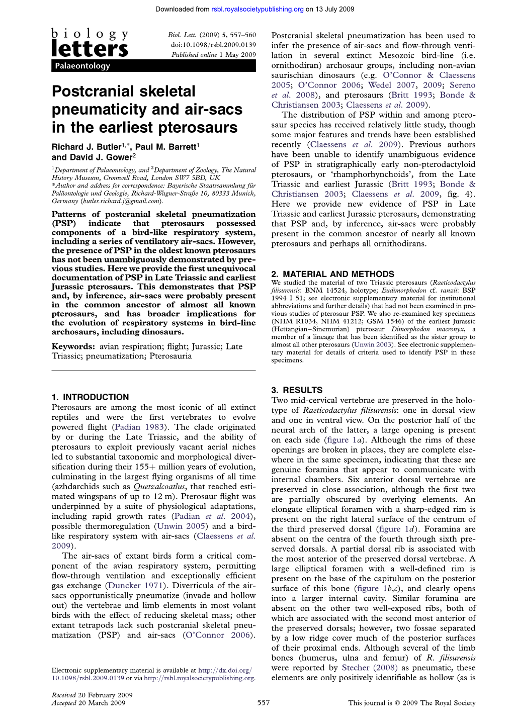 Postcranial Skeletal Pneumaticity and Air-Sacs in the Earliest Pterosaurs