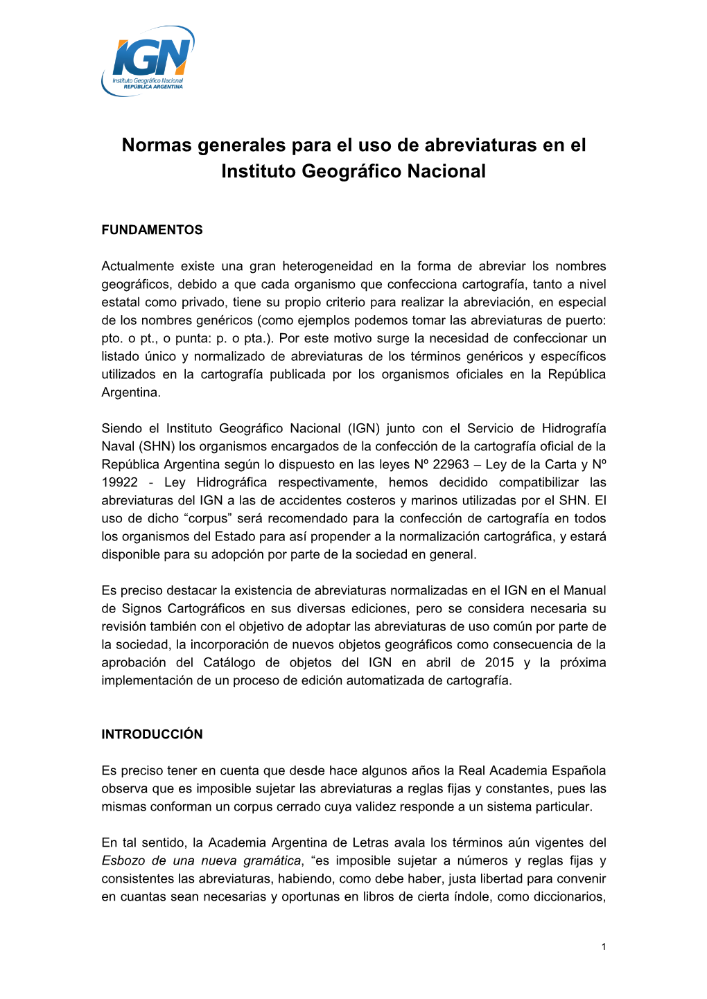 Normas Generales Para El Uso De Abreviaturas En El Instituto Geográfico Nacional