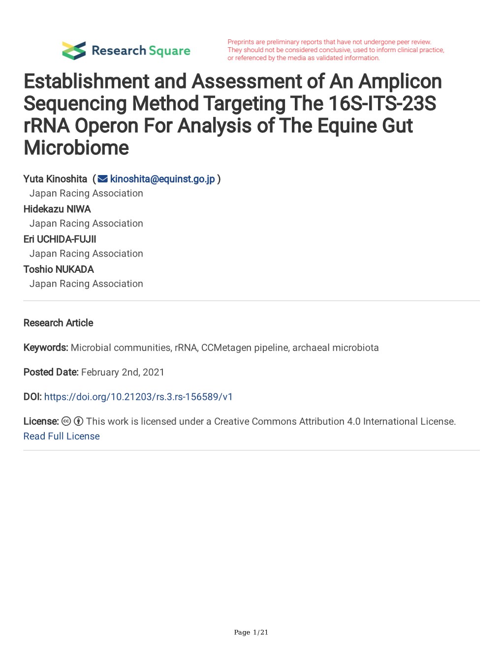 Establishment and Assessment of an Amplicon Sequencing Method Targeting the 16S-ITS-23S Rrna Operon for Analysis of the Equine Gut Microbiome