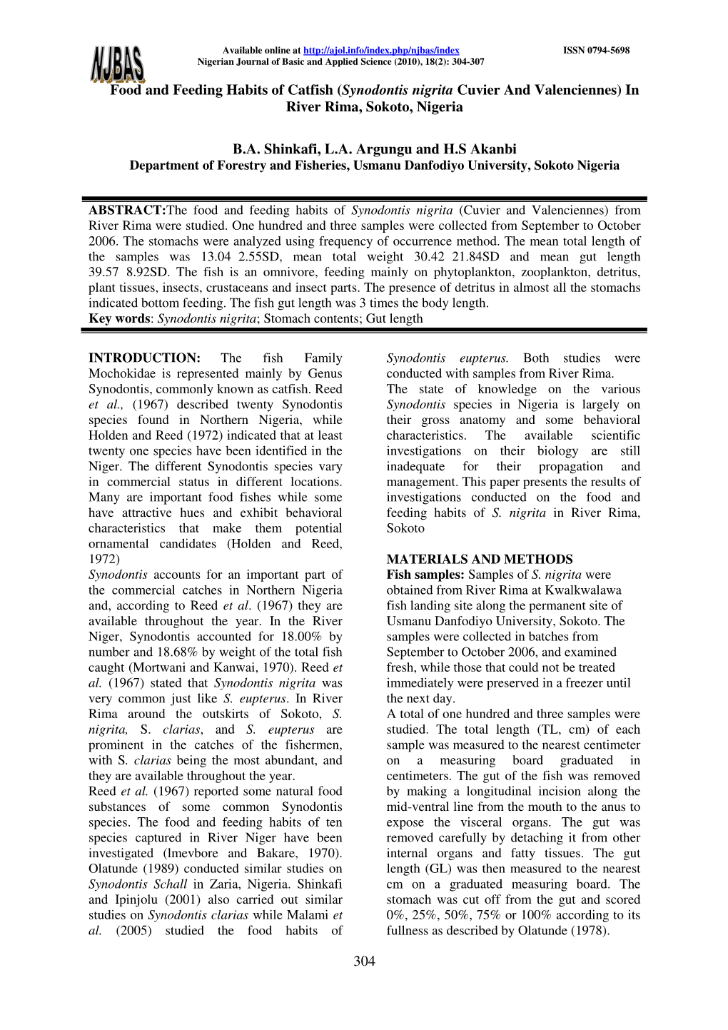 Food and Feeding Habits of Catfish ( Synodontis Nigrita Cuvier and Valenciennes) in River Rima, Sokoto, Nigeria