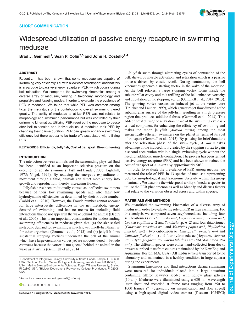 Widespread Utilization of Passive Energy Recapture in Swimming Medusae Brad J