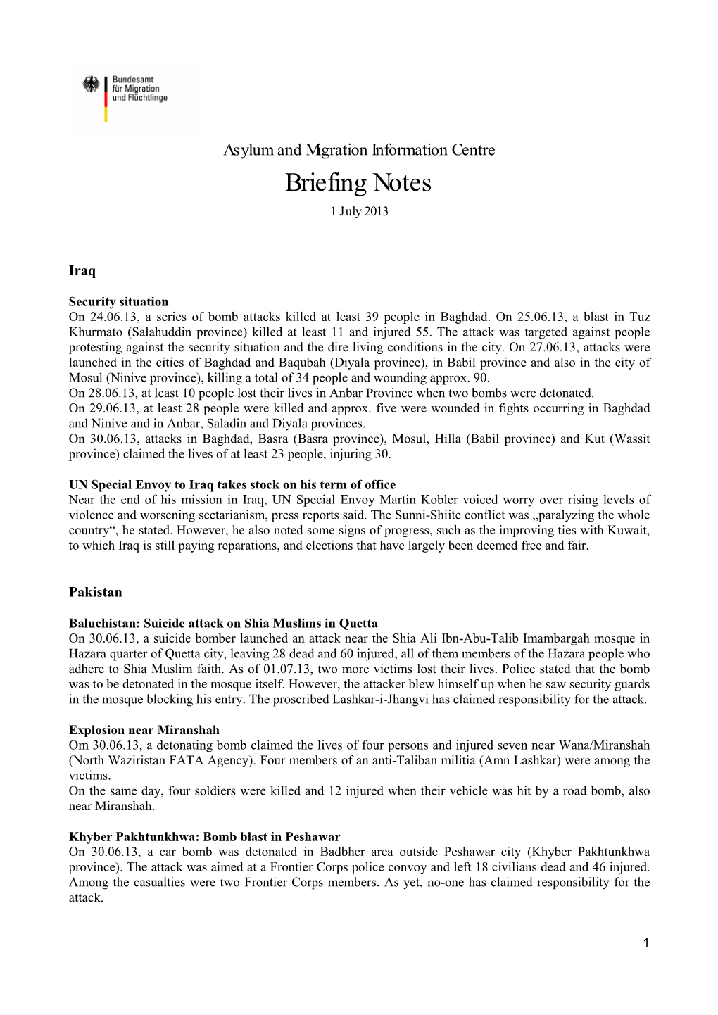 Briefing Notes 1 July 2013