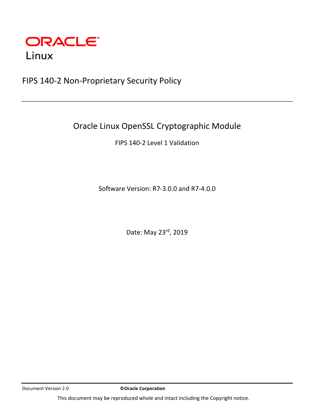 FIPS 140-2 Non-Proprietary Security Policy Oracle Linux Openssl