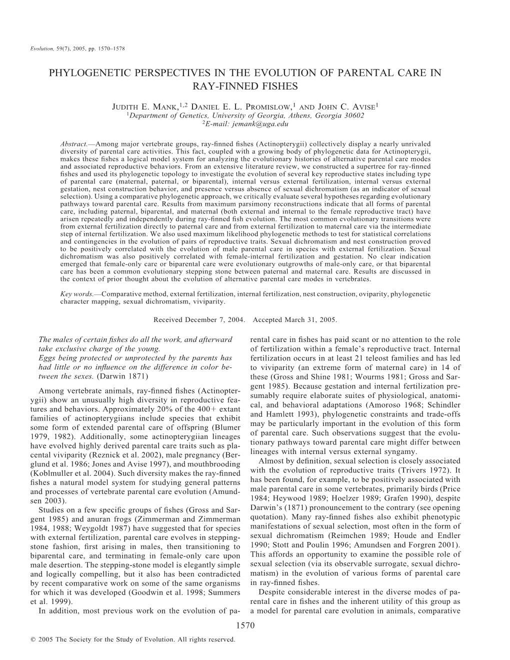 Phylogenetic Perspectives in the Evolution of Parental Care in Ray-Finned Fishes