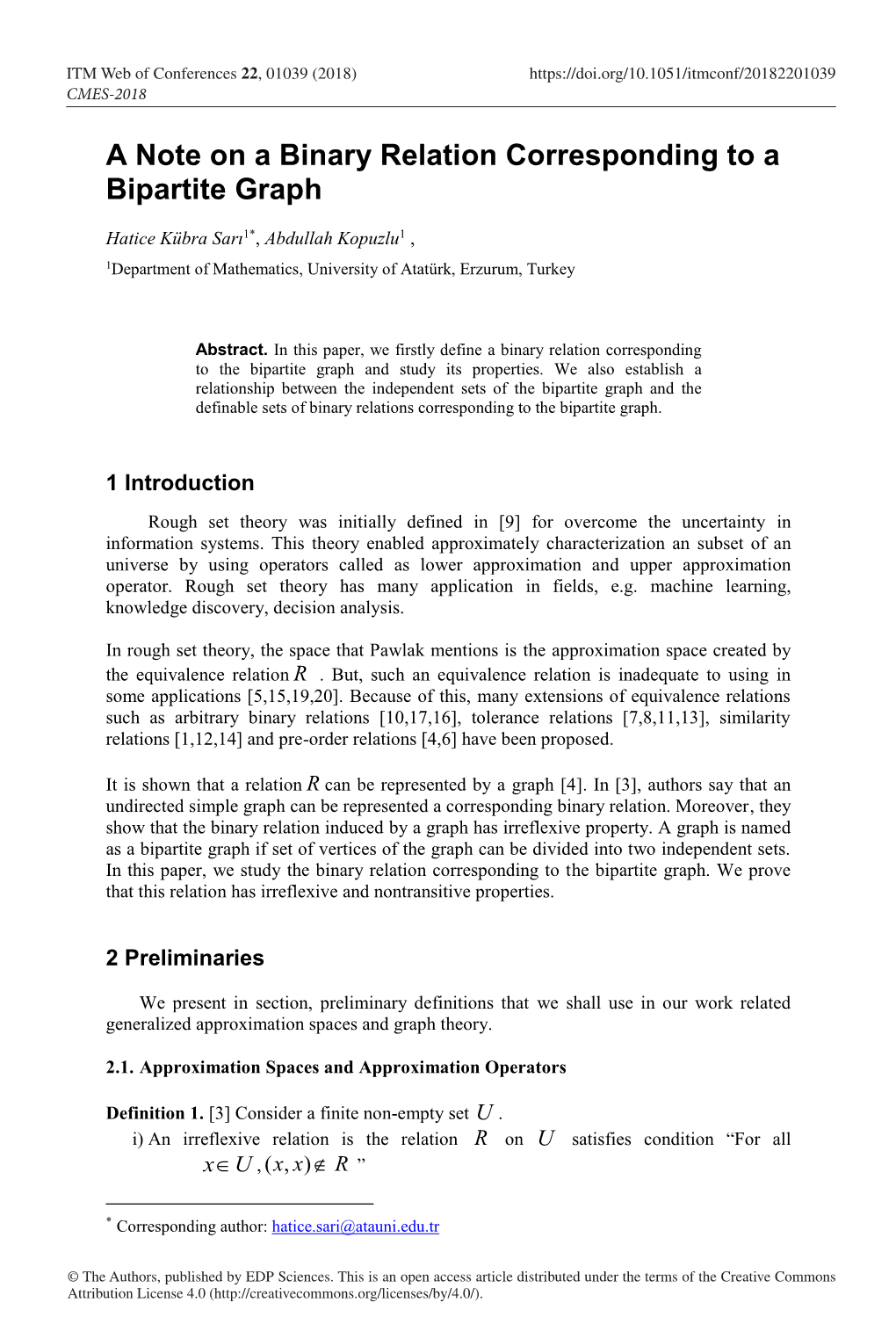 A Note on a Binary Relation Corresponding to a Bipartite Graph