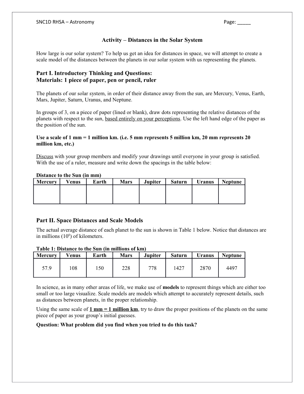 Astronomy Activity Solar System Distances