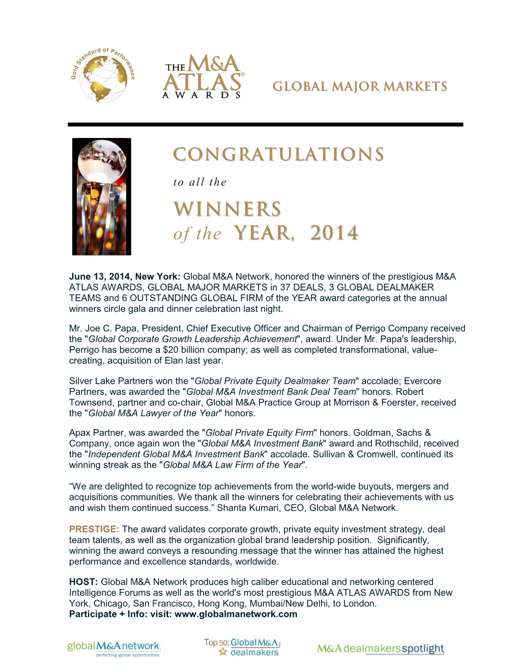 CONGRATULATIONS: 2014 Winners Honored at M&A