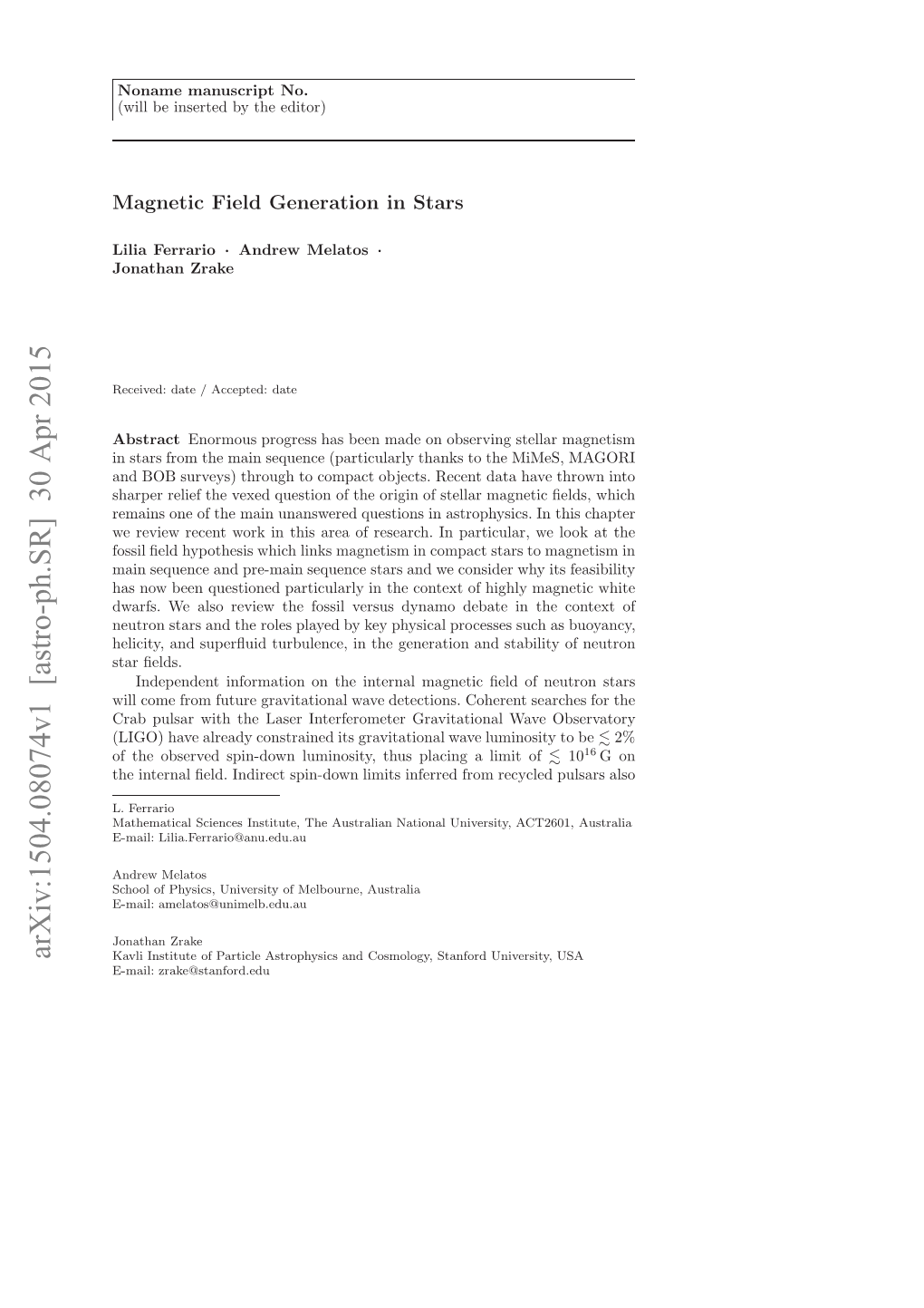 Magnetic Field Generation in Stars 3