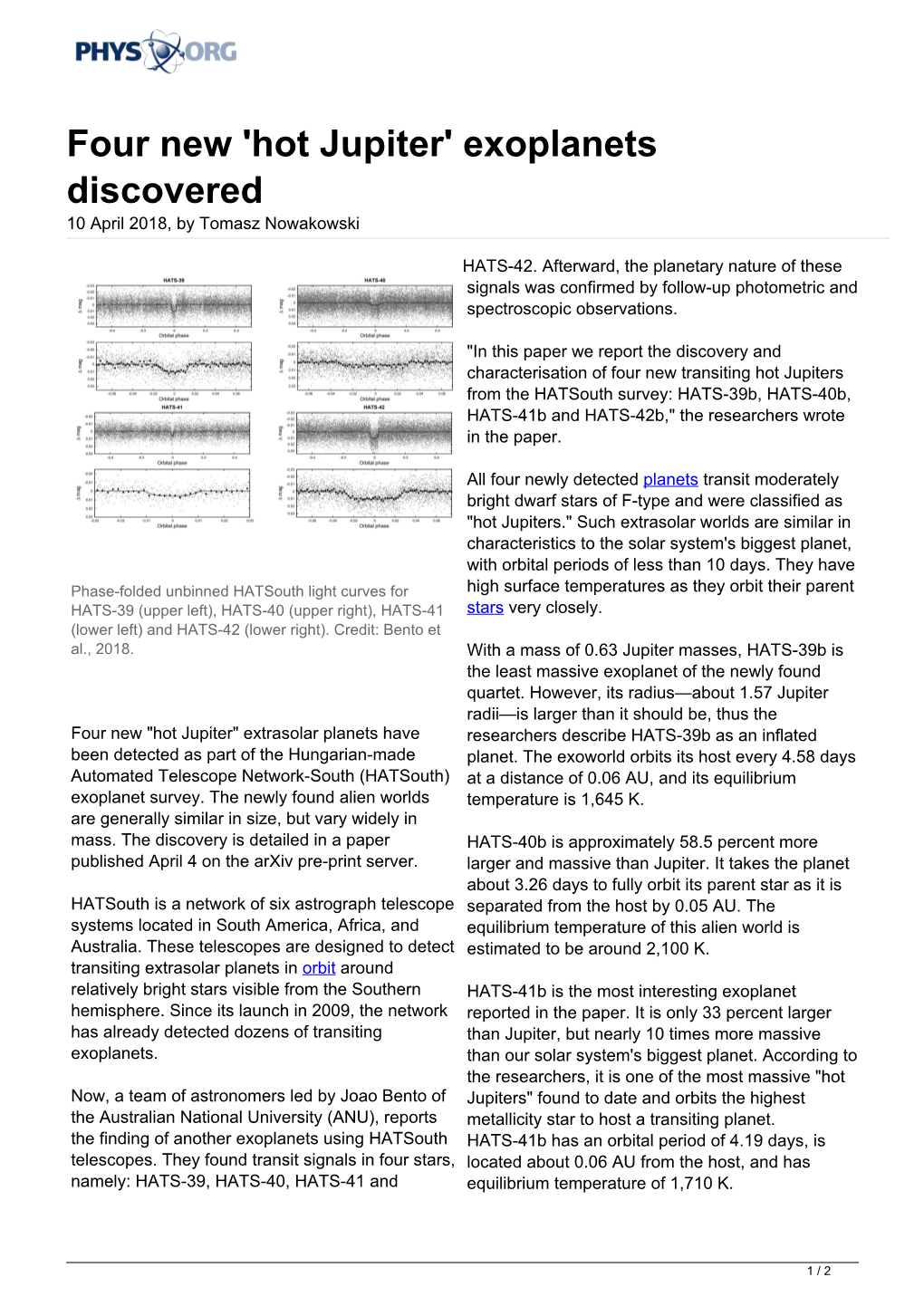 'Hot Jupiter' Exoplanets Discovered 10 April 2018, by Tomasz Nowakowski