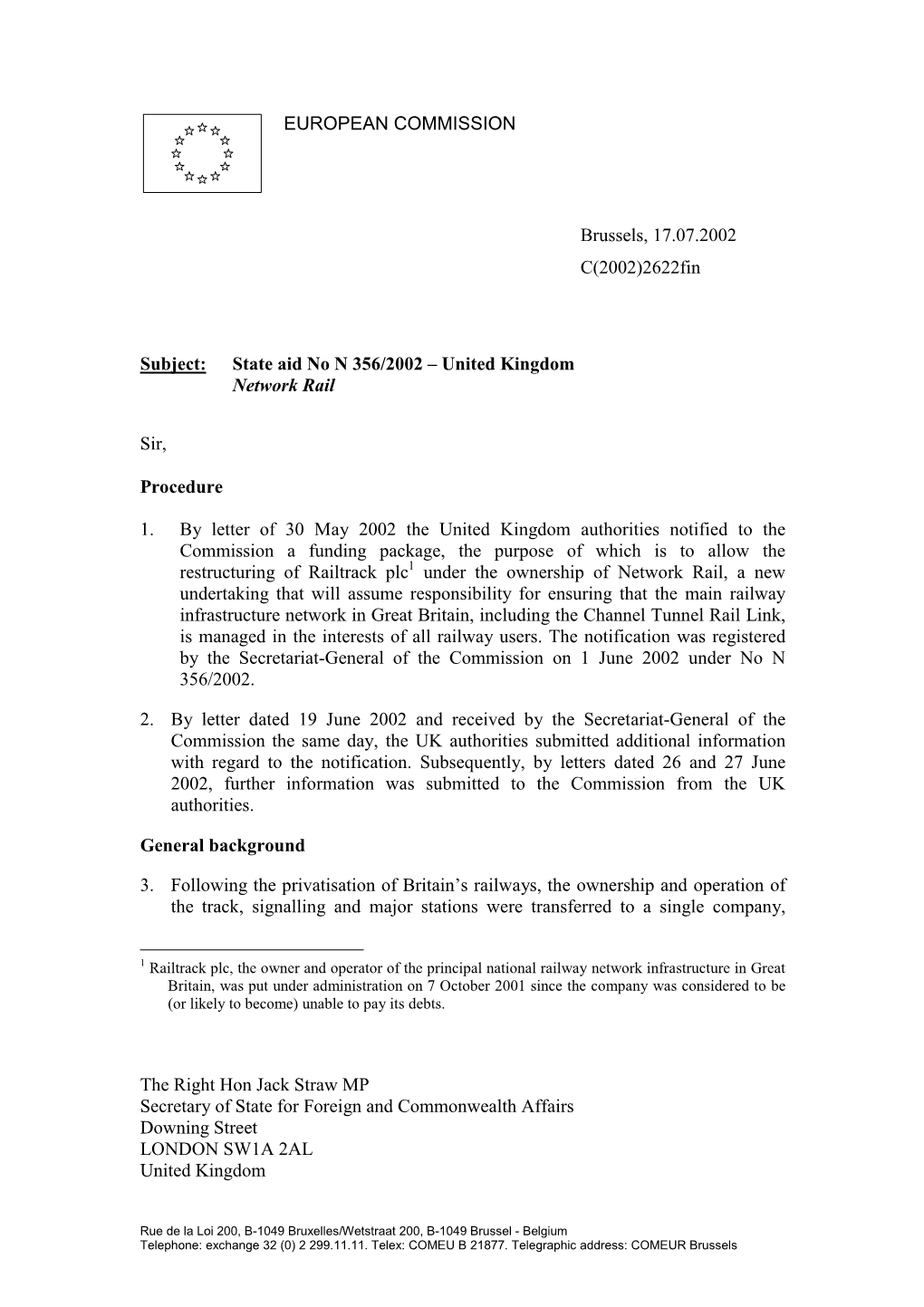 State Aid No N 356/2002 – United Kingdom Network Rail