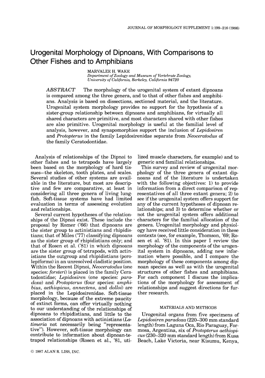 Urogenital Morphology of Dipnoans, with Comparisons to Other Fishes and to Amphibians MARVALEE H