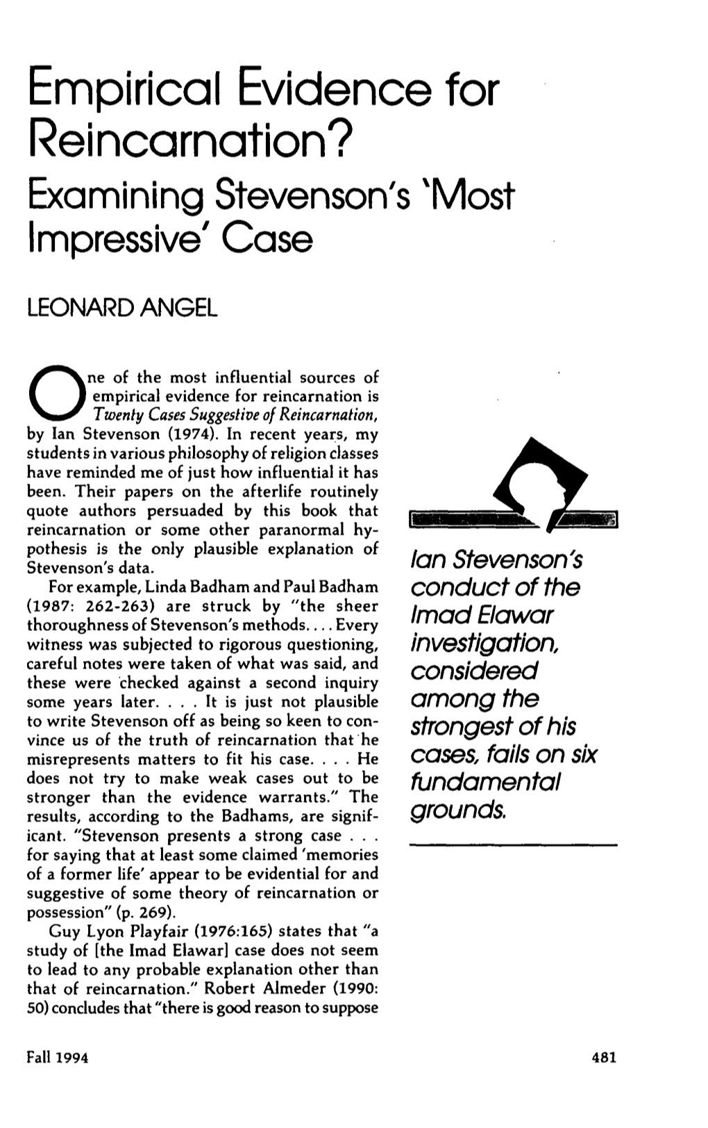 Empirical Evidence for Reincarnation? Examining Stevenson's Xmost Impressive' Case