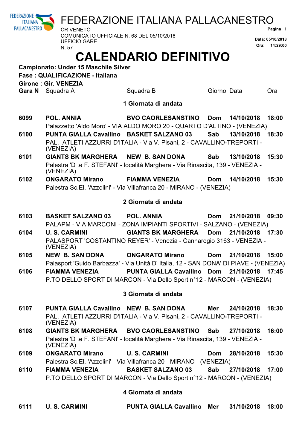 CALENDARIO DEFINITIVO Campionato: Under 15 Maschile Silver Fase : QUALIFICAZIONE - Italiana Girone : Gir