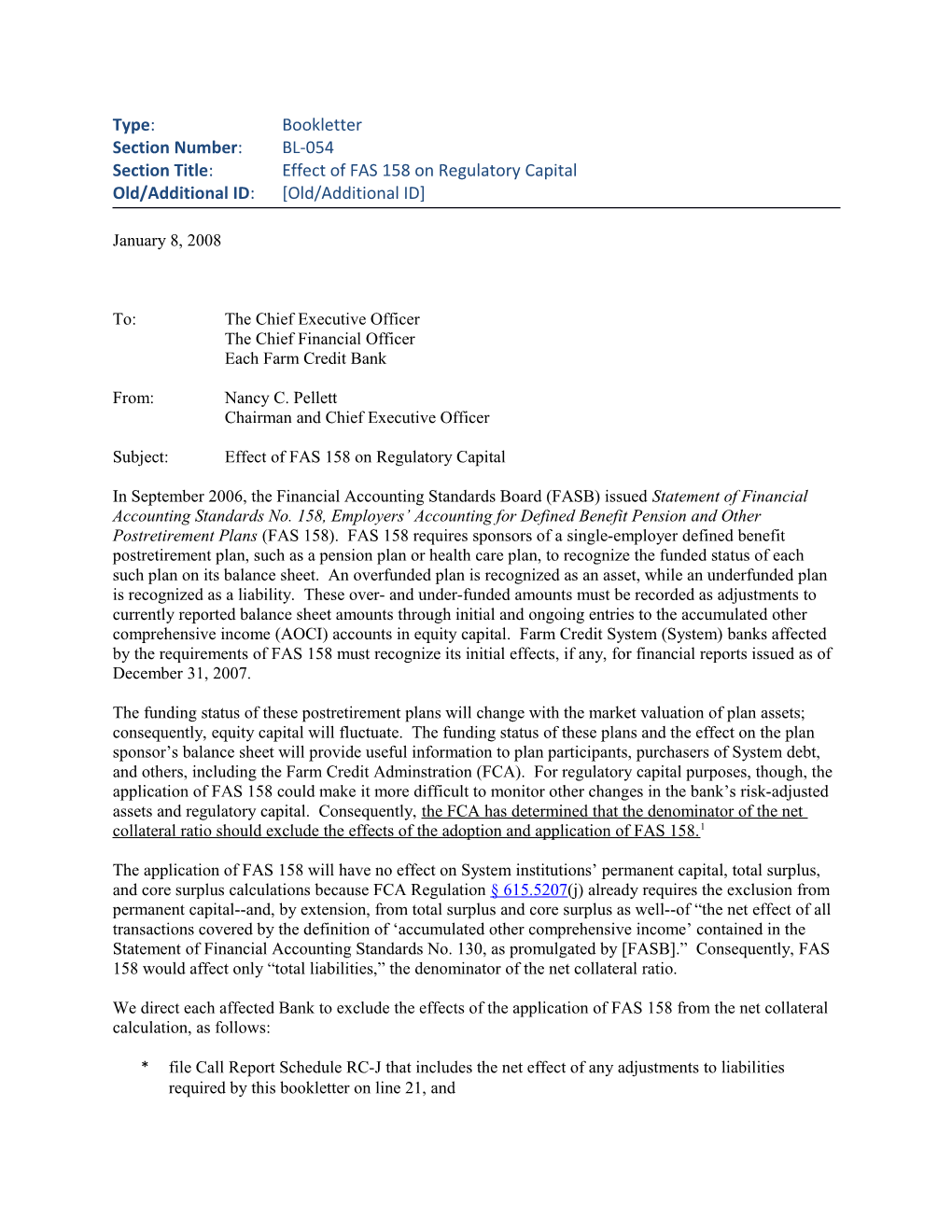 Effect of FAS 158 on Regulatory Capital