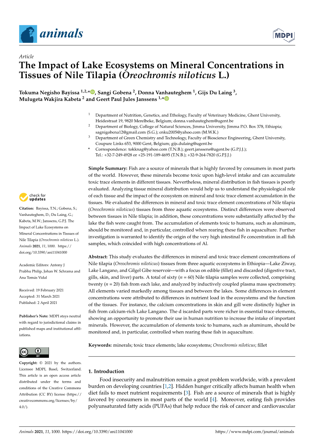 The Impact of Lake Ecosystems on Mineral Concentrations in Tissues of Nile Tilapia (Oreochromis Niloticus L.)