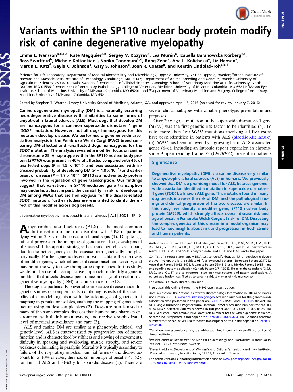 Variants Within the SP110 Nuclear Body Protein Modify Risk of Canine