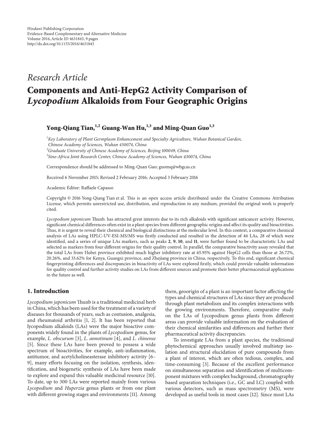 Research Article Components and Anti-Hepg2 Activity Comparison of Lycopodium Alkaloids from Four Geographic Origins