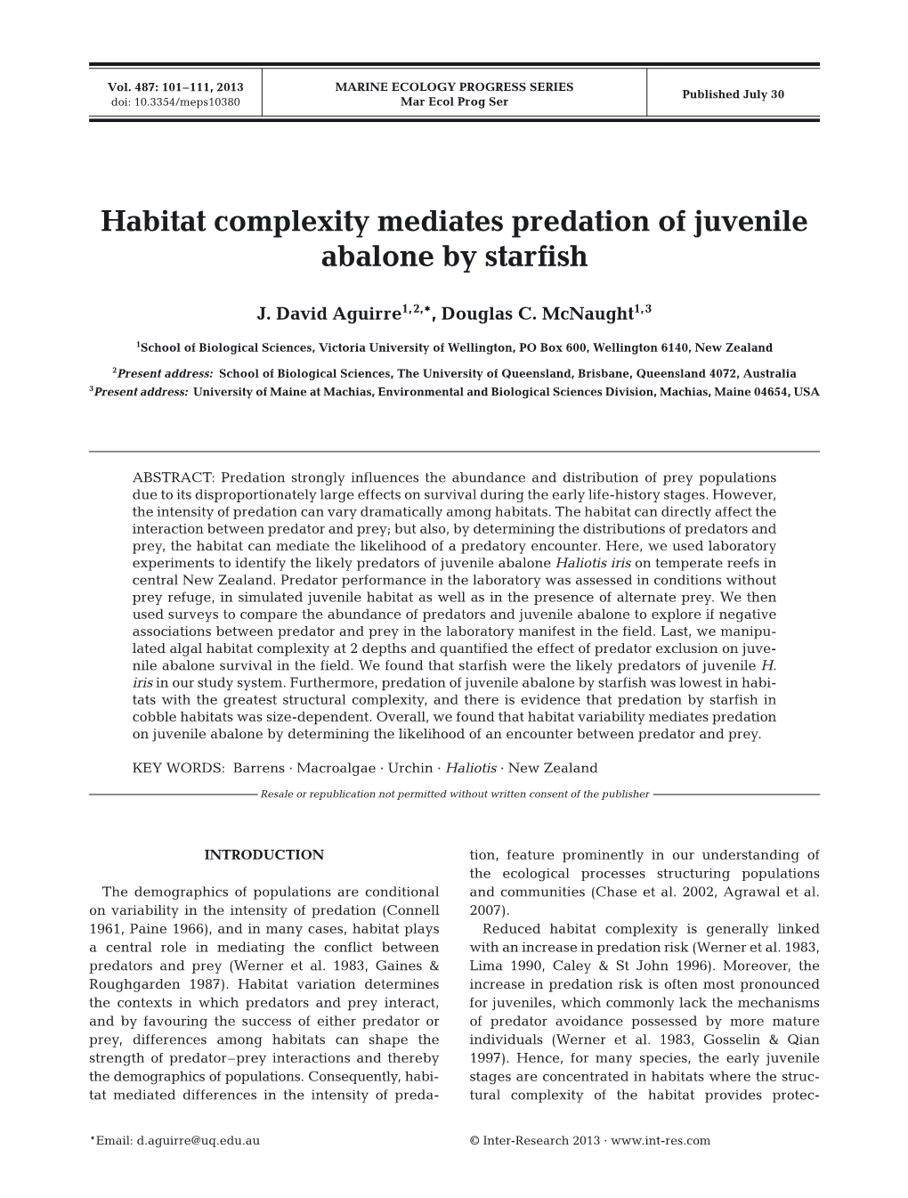 Habitat Complexity Mediates Predation of Juvenile Abalone by Starfish