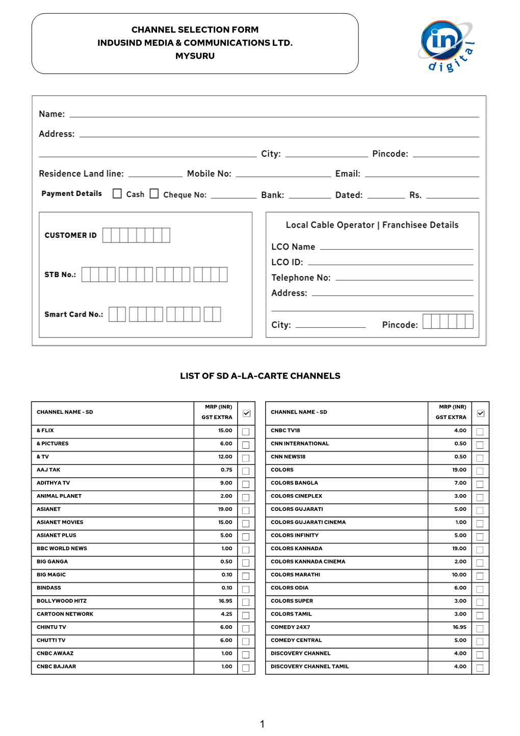 Channel Selection Form Indusind Media & Communications Ltd