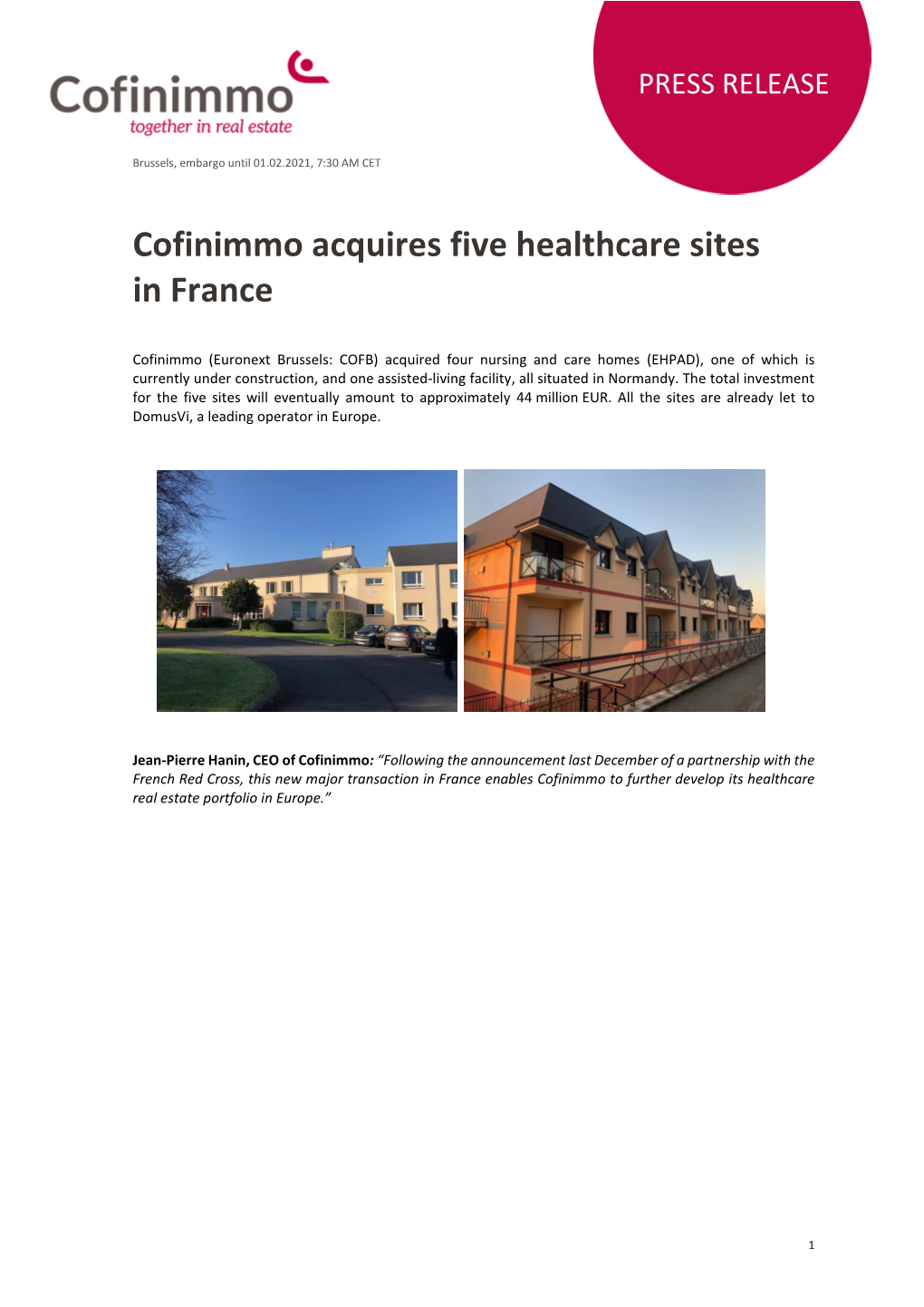Cofinimmo Acquires Five Healthcare Sites in France