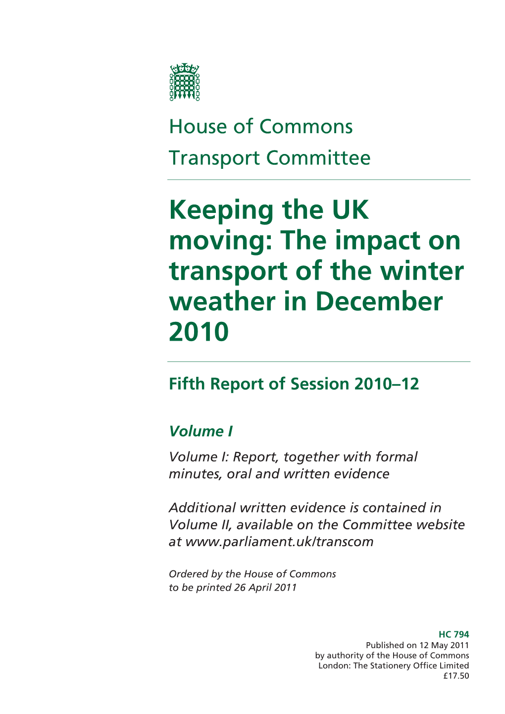 The Impact on Transport of the Winter Weather in December 2010