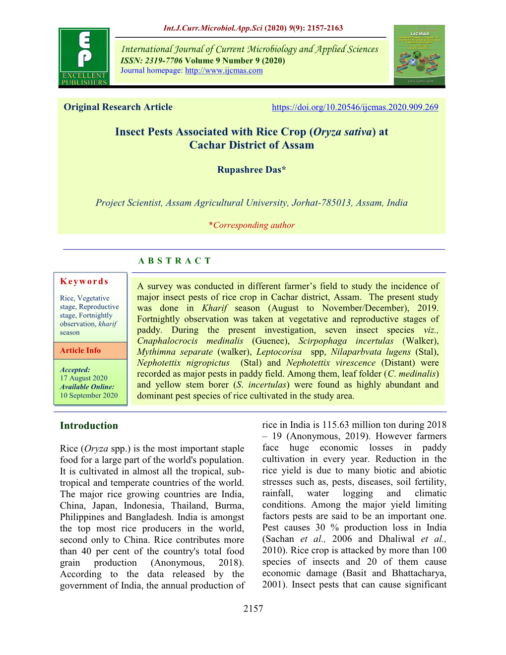 Insect Pests Associated with Rice Crop (Oryza Sativa) at Cachar District of Assam