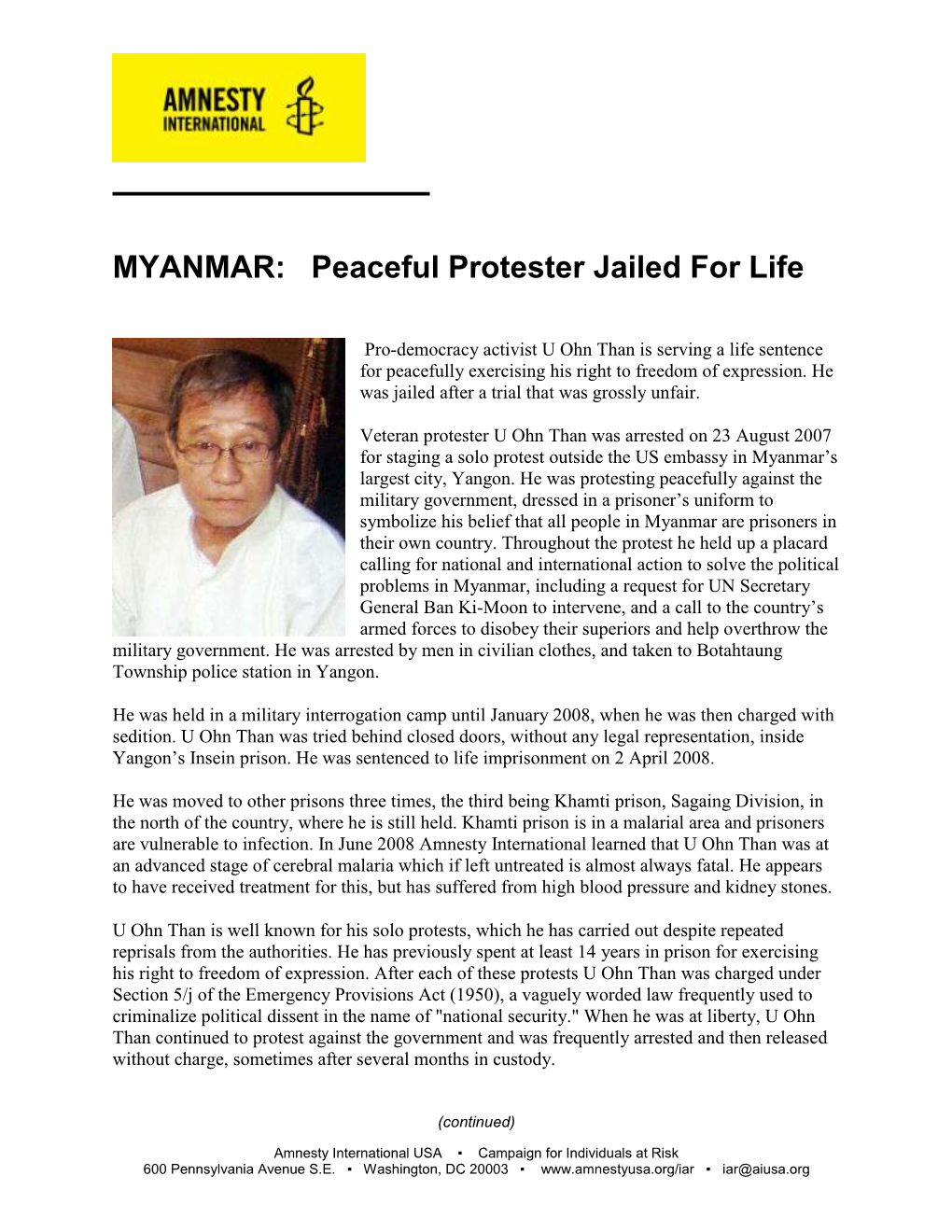 MYANMAR: Peaceful Protester Jailed for Life