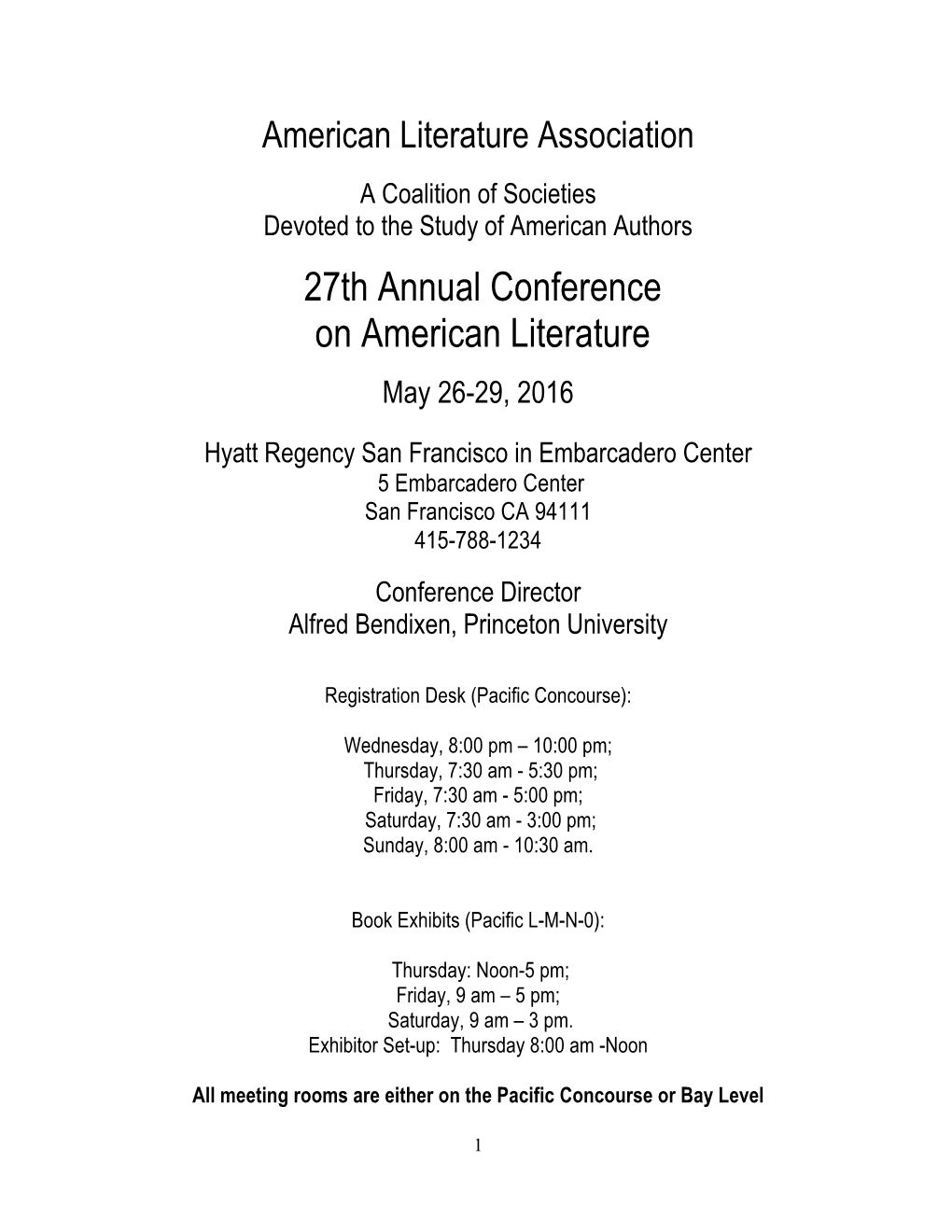 27Th Annual Conference on American Literature May 26-29, 2016