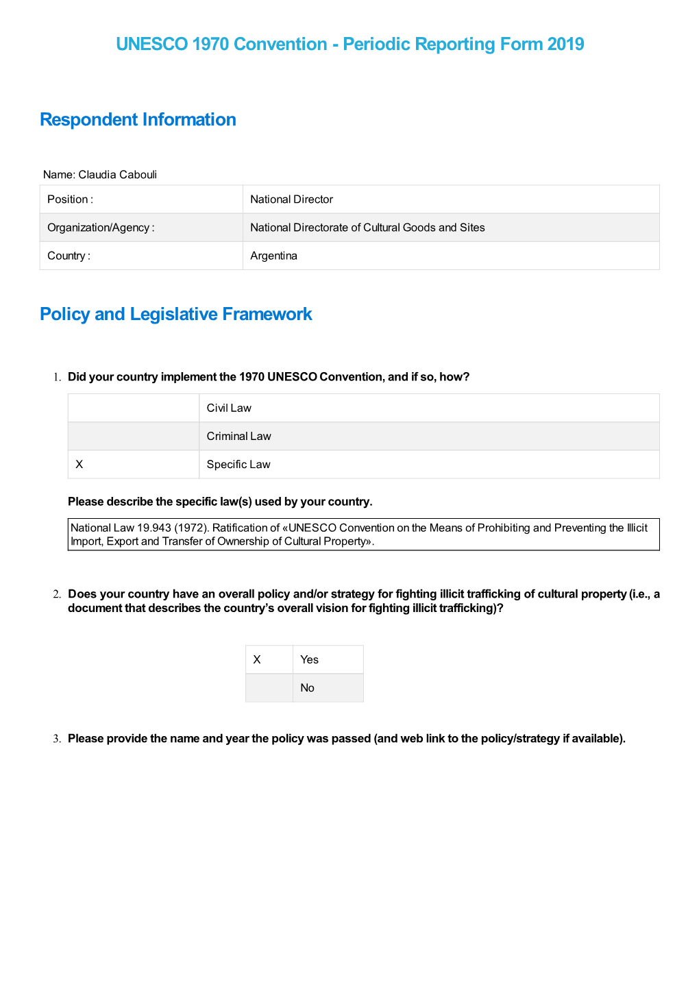 UNESCO 1970 Convention - Periodic Reporting Form 2019