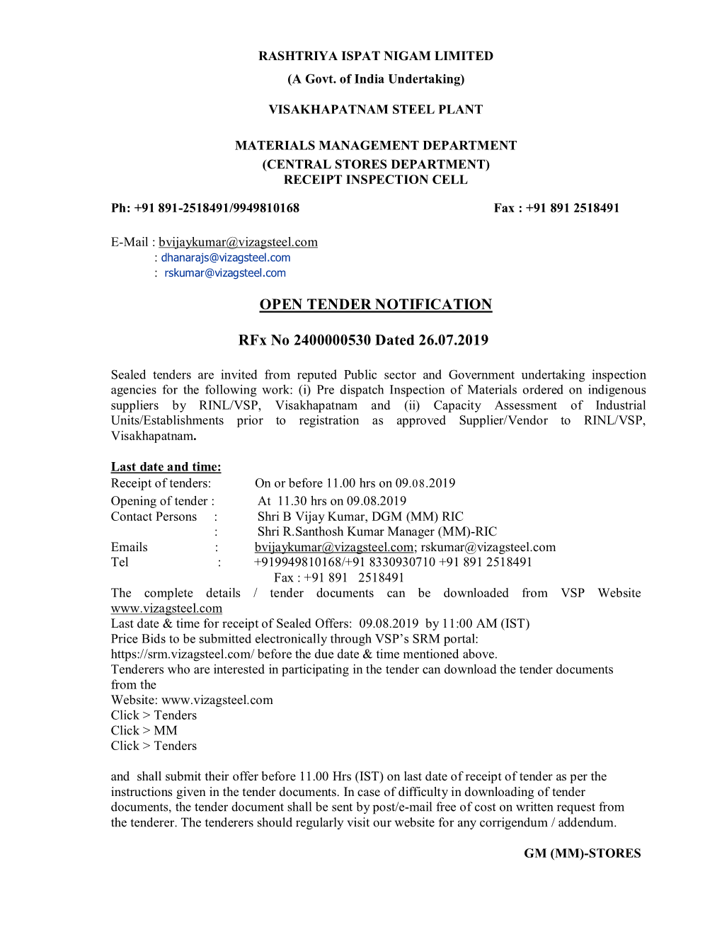 OPEN TENDER NOTIFICATION Rfx No 2400000530 Dated 26.07.2019