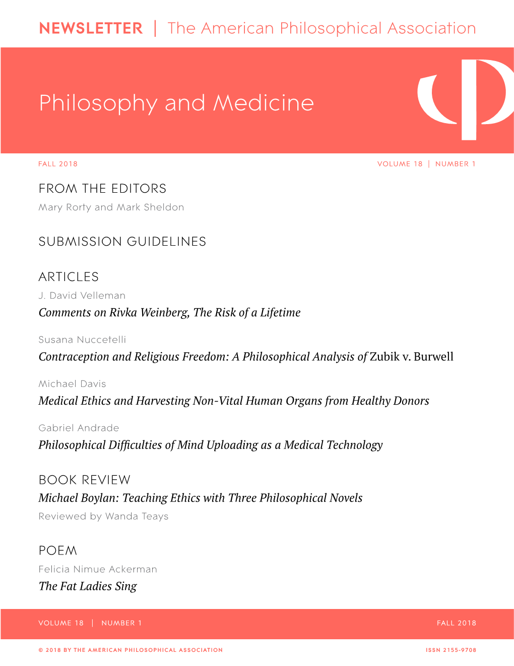 APA Newsletter on Philosophy and Medicine, Vol. 18, No. 1