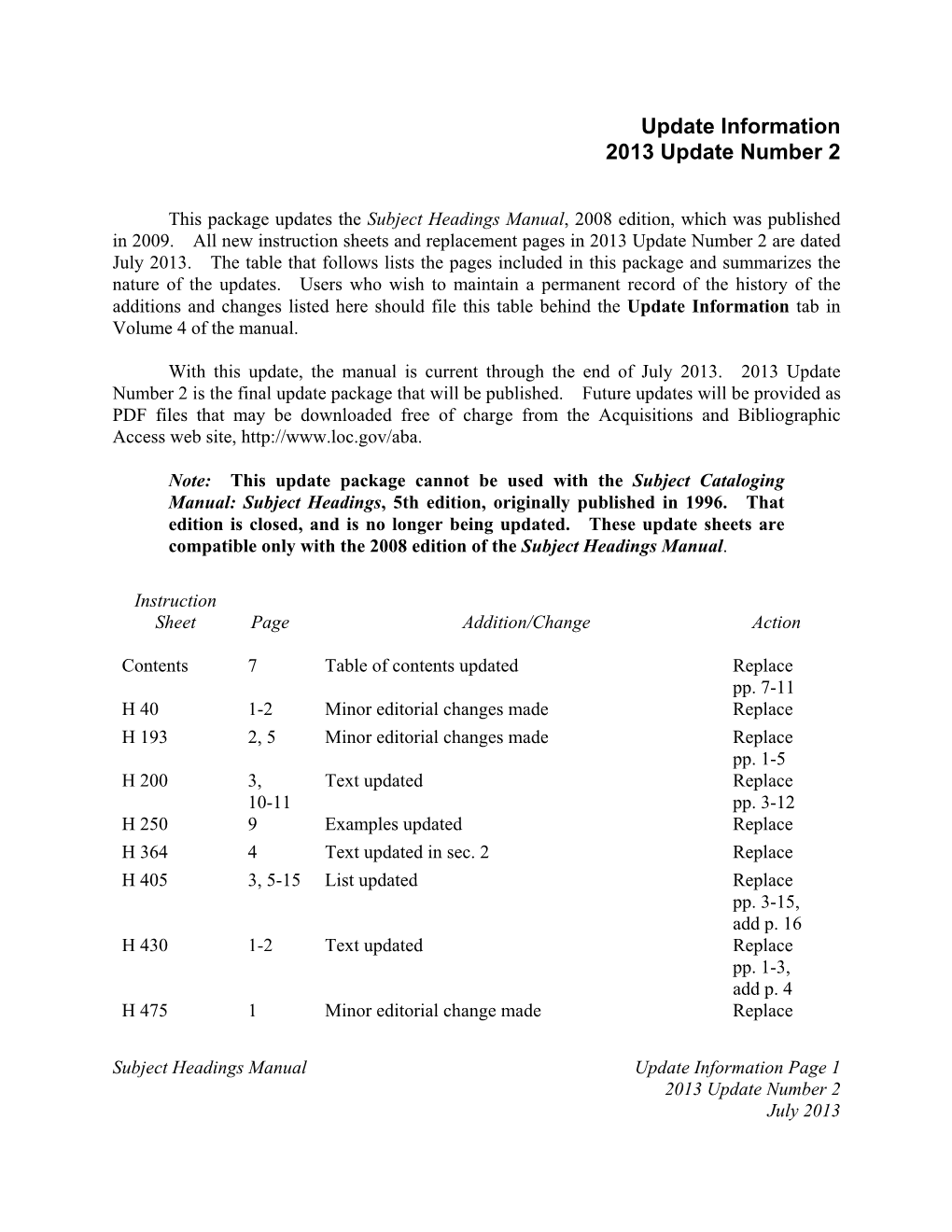 Subject Headings Manual, 2013 Update 2