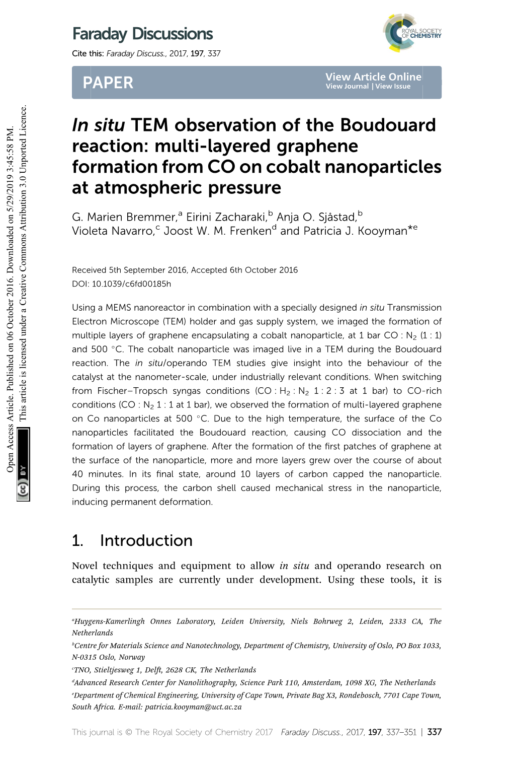 In Situ TEM Observation of the Boudouard Reaction: Multi-Layered Graphene Formation from CO on Cobalt Nanoparticles at Atmospheric Pressure