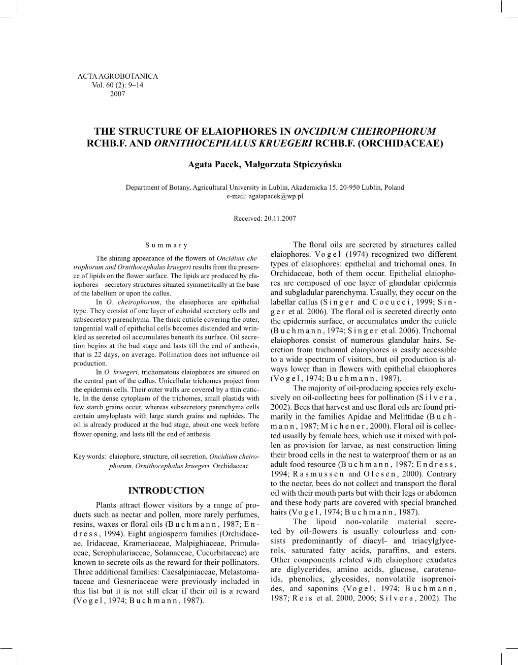 The Structure of Elaiophores in Oncidium Cheirophorum Rchb.F