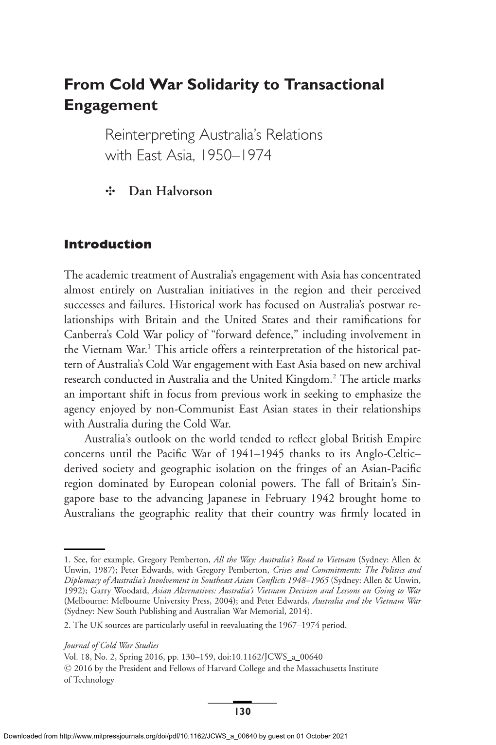 From Cold War Solidarity to Transactional Engagement Reinterpreting Australia’S Relations with East Asia, 1950–1974