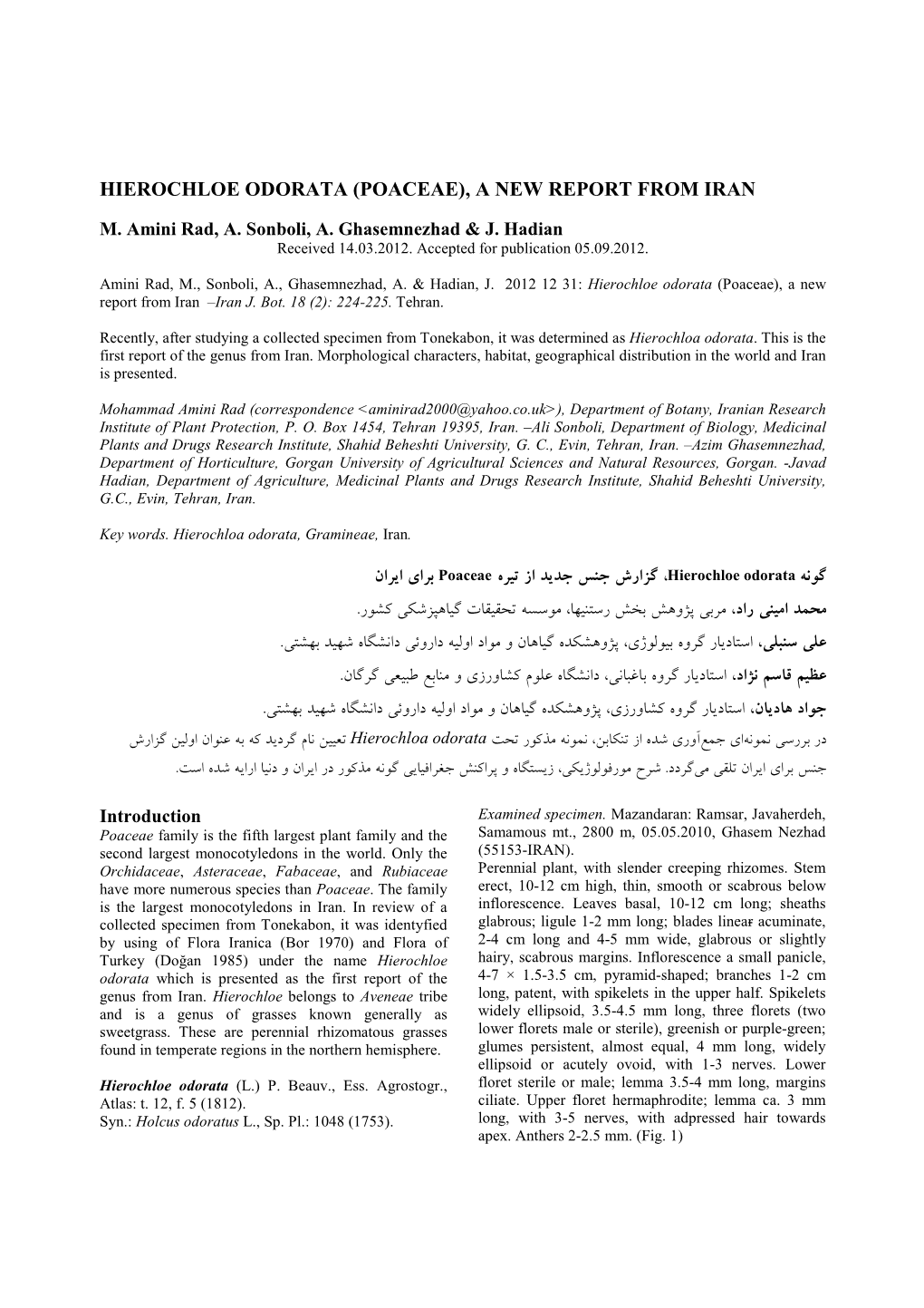 Hierochloe Odorata (Poaceae), a New Report from Iran