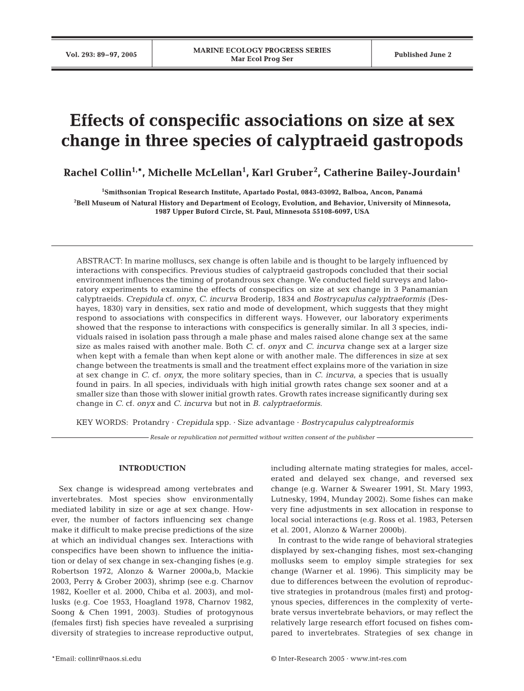 Effects of Conspecific Associations on Size at Sex Change in Three Species of Calyptraeid Gastropods